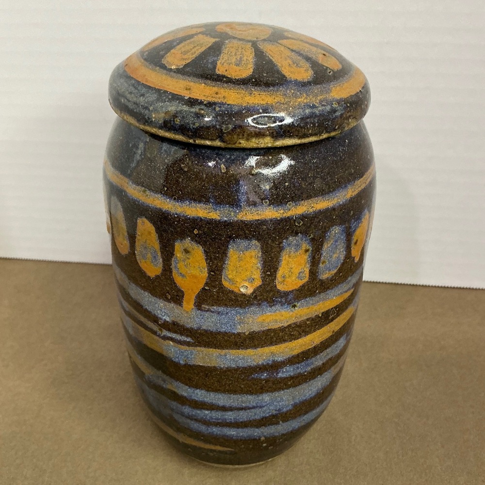 John Blackman Studio Pottery Lidded Jar Brown Orange Blue Stoneware‎ Signed 7in